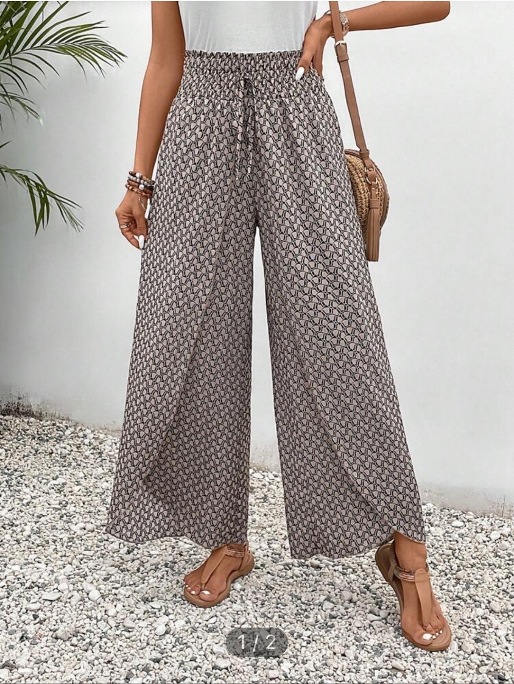 Shein Wide-Leg Printed Palazzo Pants - Taupe